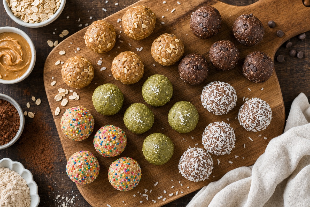 Assorted no-bake protein bites on a wooden board